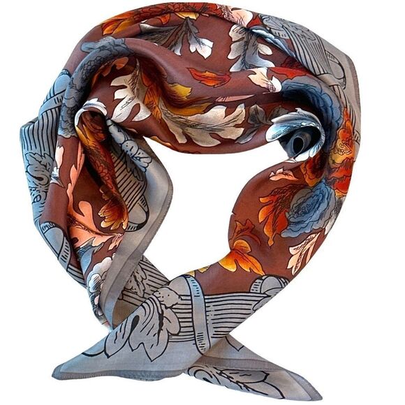 Grey brown rust fall leaf silk square 29” scarf by Laura Geraldi - Picture 4 of 7